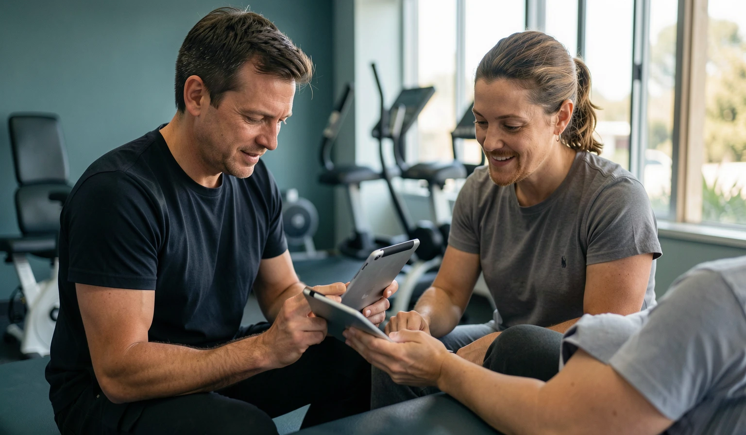 Physiotherapist reviewing exercise progress with a patient on a tablet