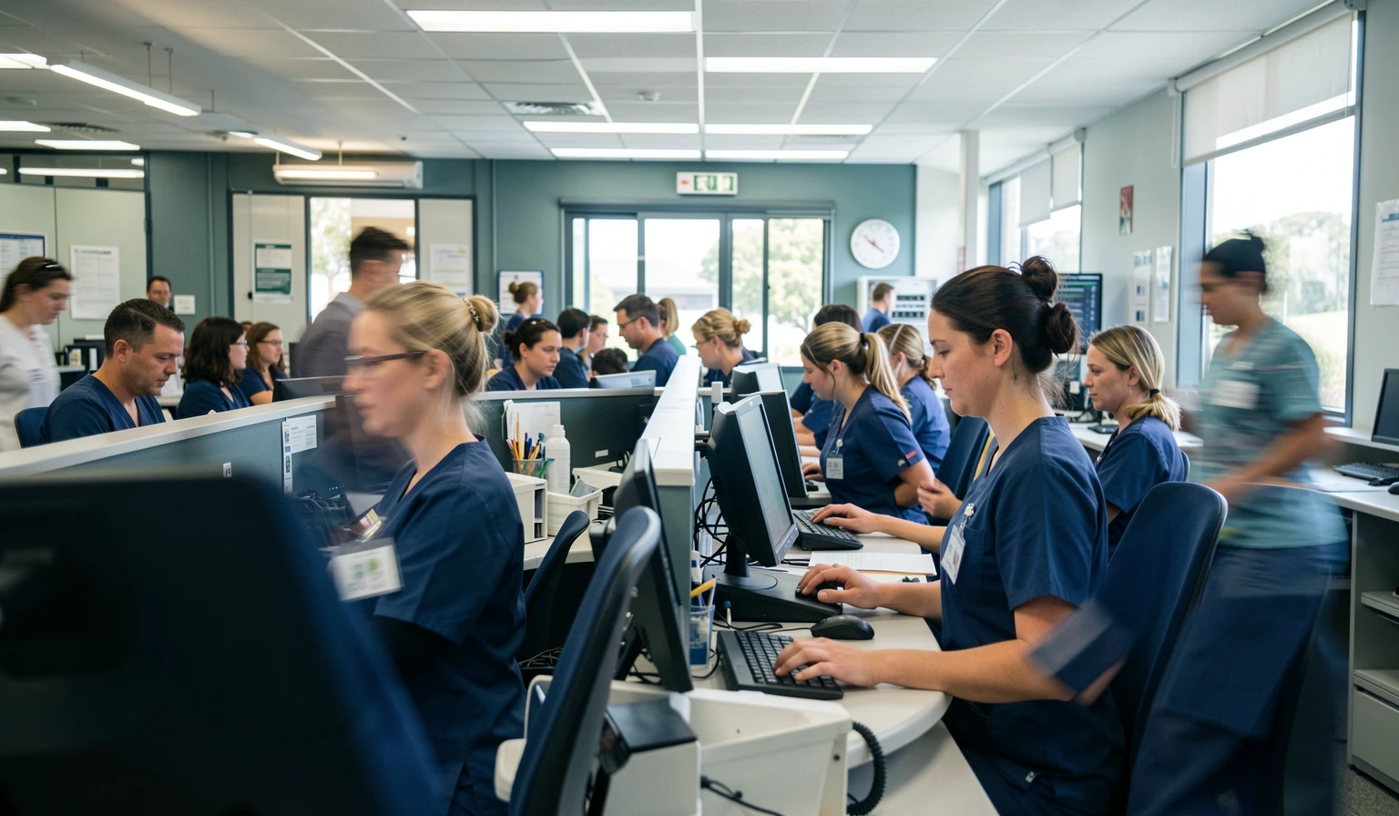 Clinicians working at terminals around a hospital nurses station